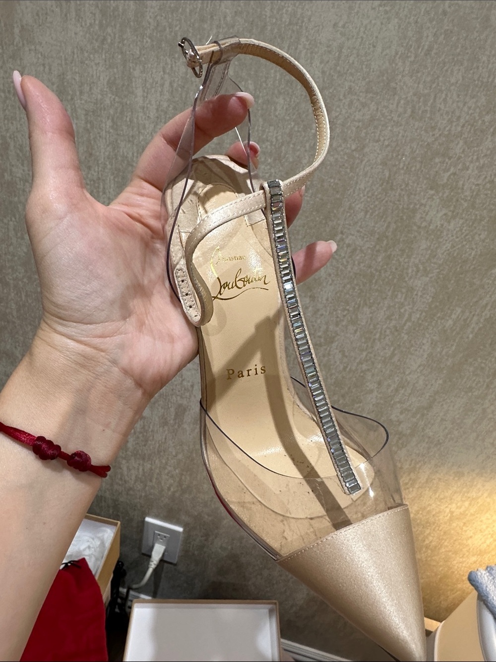 Christian Louboutin Nude Pointed PVC T-Strap Slingback with Crystal Detail - Picture 4 of 4